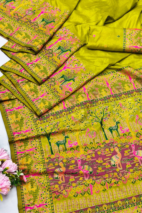 Load image into Gallery viewer, Enamoring Mehandi Nylon Dola Pashmina Saree With Surpassing Blouse Piece
