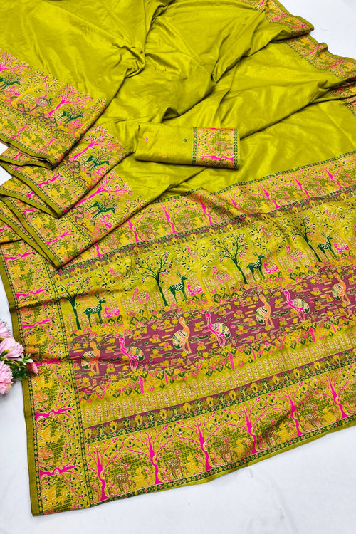 Load image into Gallery viewer, Enamoring Mehandi Nylon Dola Pashmina Saree With Surpassing Blouse Piece
