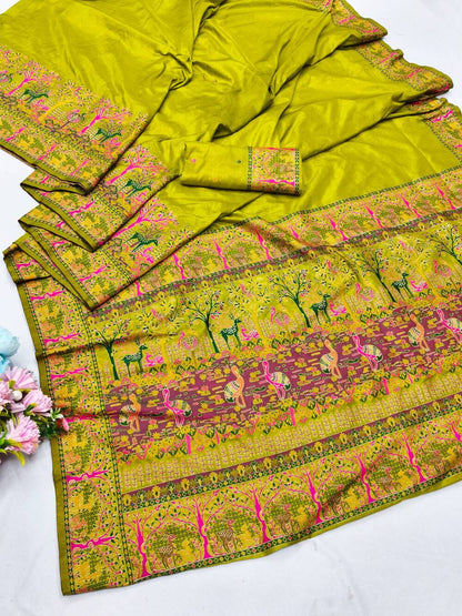 Enamoring Mehndi Nylon Dola Pashmina Saree With Surpassing Blouse Piece