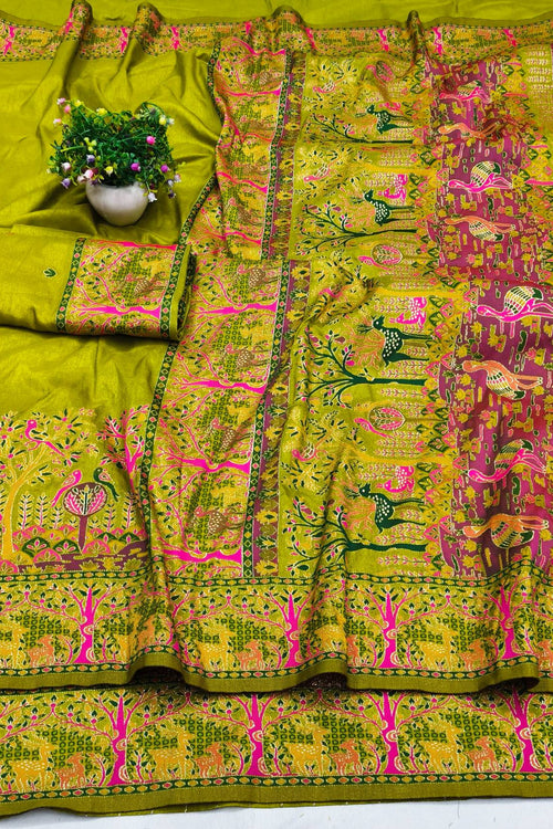 Load image into Gallery viewer, Enamoring Mehandi Nylon Dola Pashmina Saree With Surpassing Blouse Piece
