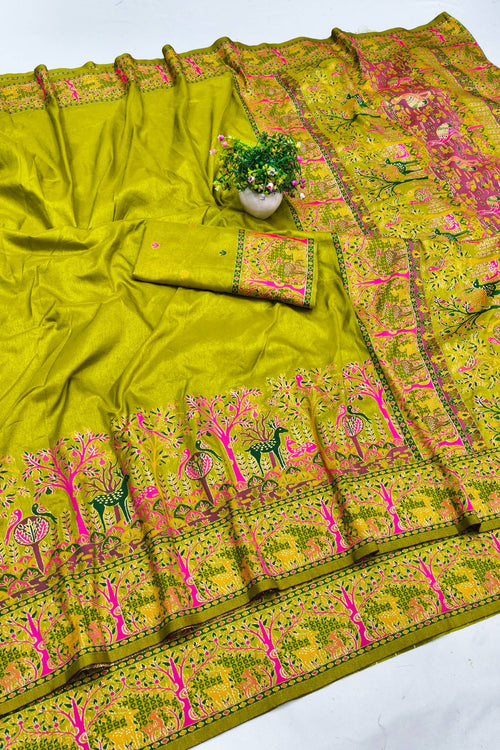 Load image into Gallery viewer, Enamoring Mehandi Nylon Dola Pashmina Saree With Surpassing Blouse Piece
