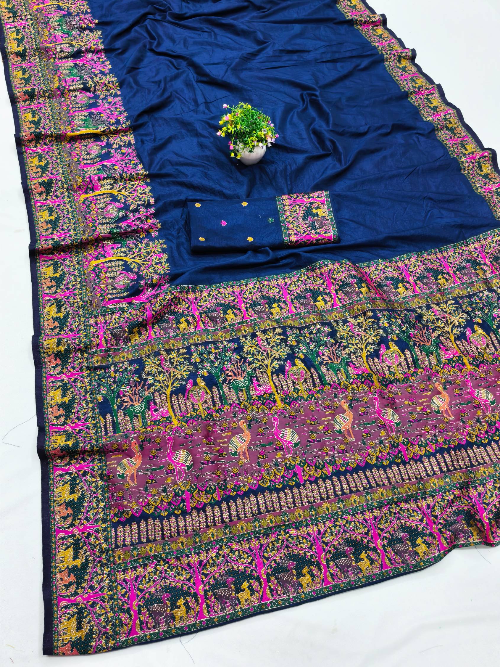 Symmetrical Navy Blue Nylon Dola Pashmina Saree With Propinquity Blouse Piece