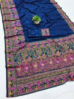 Symmetrical Navy Blue Nylon Dola Pashmina Saree With Propinquity Blouse Piece