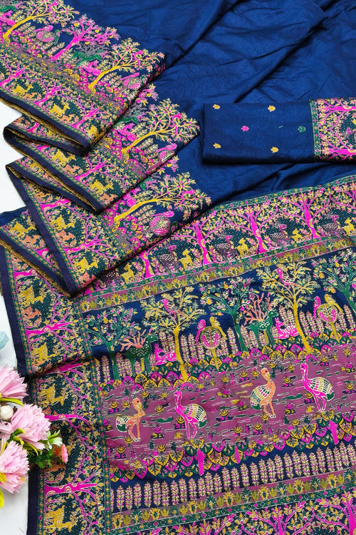 Load image into Gallery viewer, Symmetrical Navy Blue Nylon Dola Pashmina Saree With Propinquity Blouse Piece
