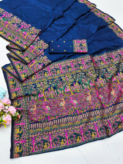 Symmetrical Navy Blue Nylon Dola Pashmina Saree With Propinquity Blouse Piece