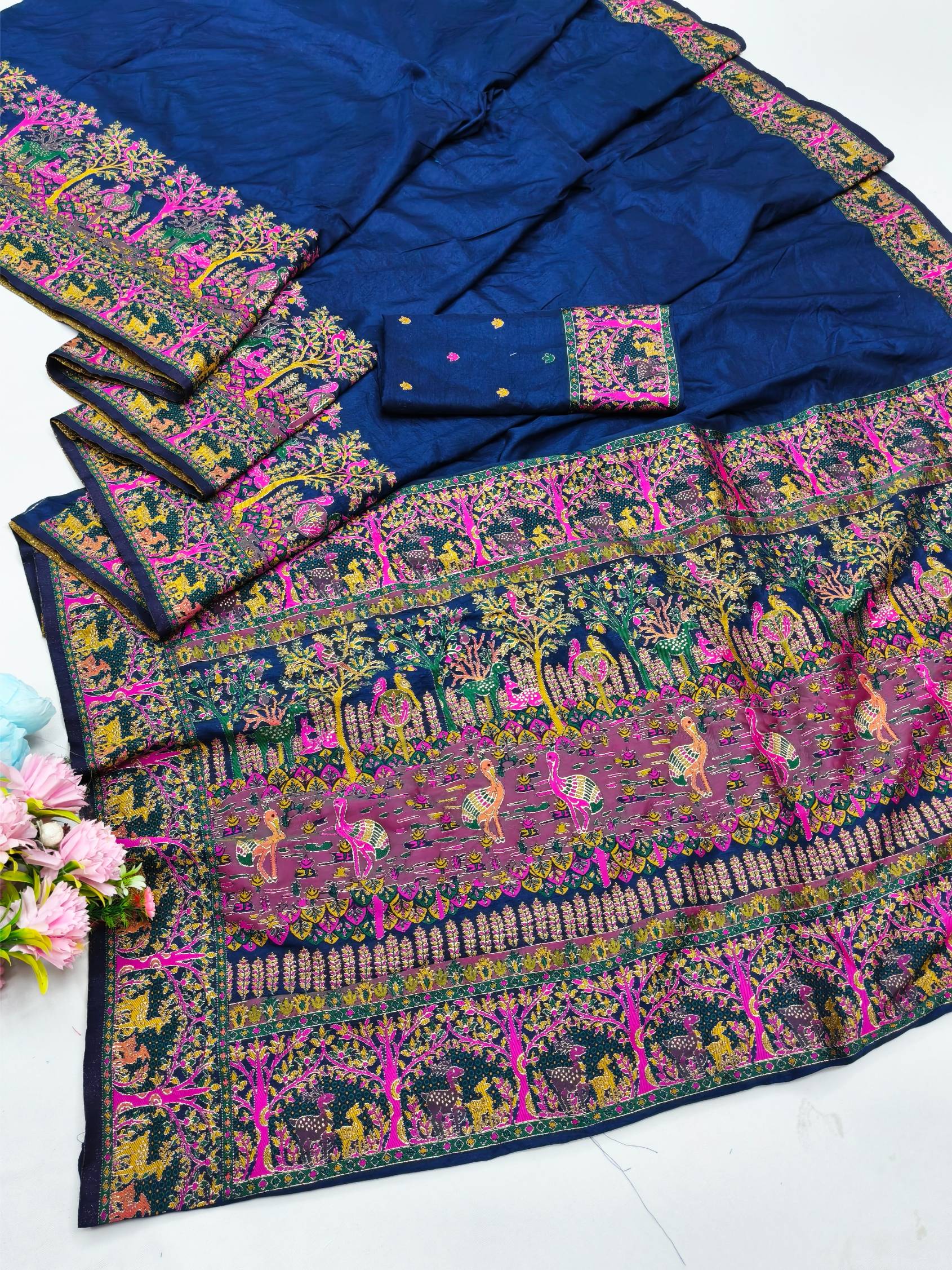 Symmetrical Navy Blue Nylon Dola Pashmina Saree With Propinquity Blouse Piece