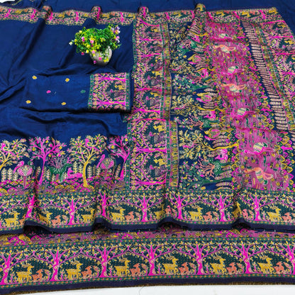 Symmetrical Navy Blue Nylon Dola Pashmina Saree With Propinquity Blouse Piece