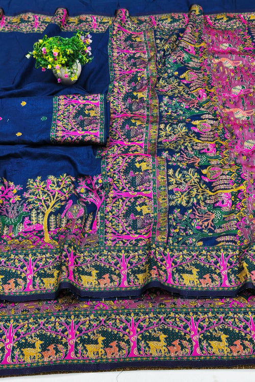 Load image into Gallery viewer, Symmetrical Navy Blue Nylon Dola Pashmina Saree With Propinquity Blouse Piece
