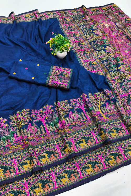 Load image into Gallery viewer, Symmetrical Navy Blue Nylon Dola Pashmina Saree With Propinquity Blouse Piece
