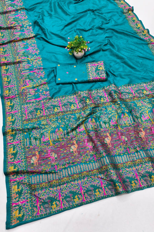 Load image into Gallery viewer, Adorable Rama Nylon Dola Pashmina Saree With Ineffable Blouse Piece
