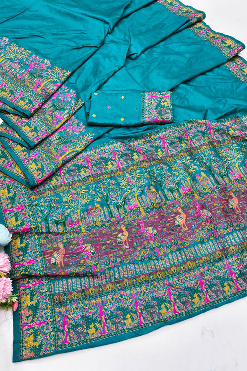 Load image into Gallery viewer, Adorable Rama Nylon Dola Pashmina Saree With Ineffable Blouse Piece
