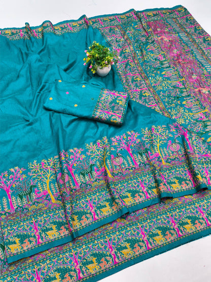 Adorable Rama Nylon Dola Pashmina Saree With Ineffable Blouse Piece