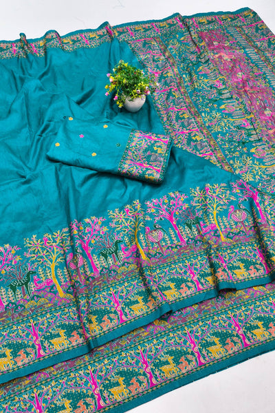 Adorable Rama Nylon Dola Pashmina Saree With Ineffable Blouse Piece