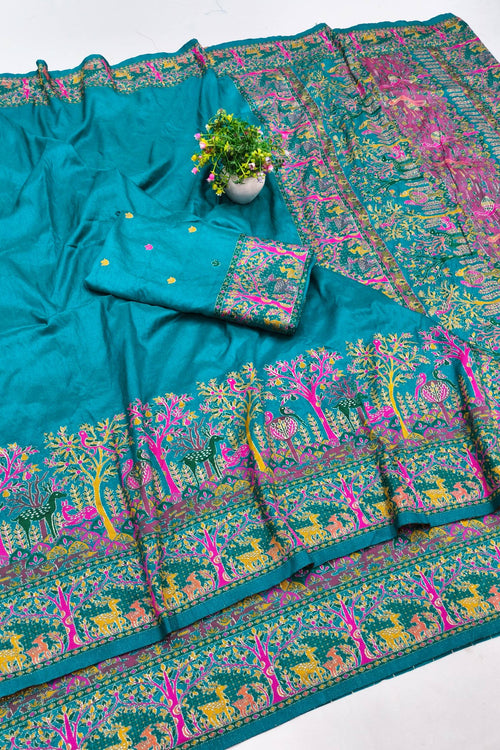 Load image into Gallery viewer, Adorable Rama Nylon Dola Pashmina Saree With Ineffable Blouse Piece
