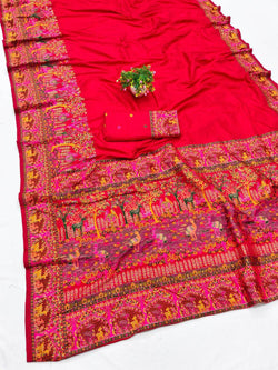 Woebegone Red Nylon Dola Pashmina Saree With Redolent Blouse Piece