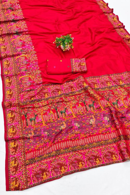 Load image into Gallery viewer, Woebegone Red Nylon Dola Pashmina Saree With Redolent Blouse Piece
