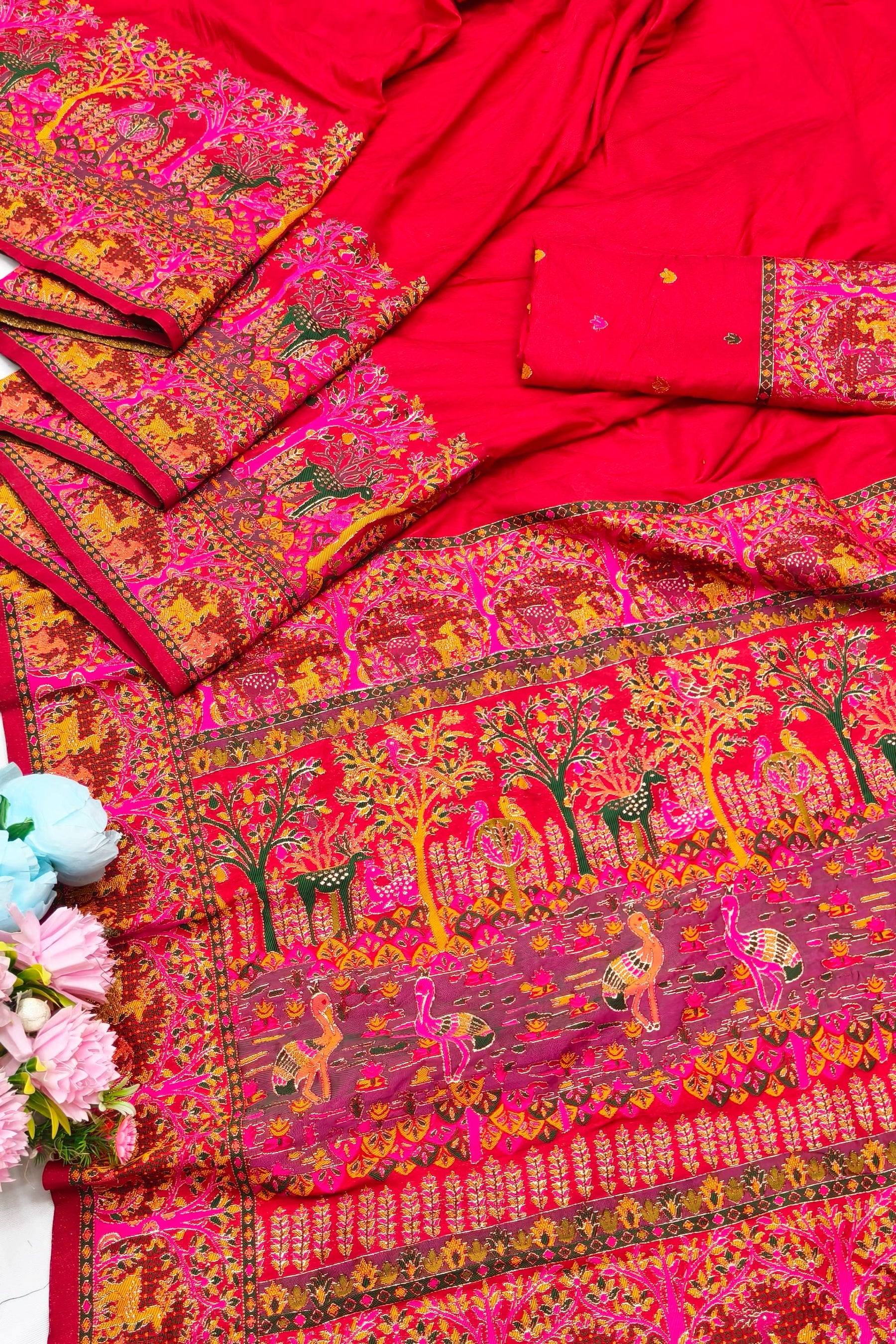 Woebegone Red Nylon Dola Pashmina Saree With Redolent Blouse Piece