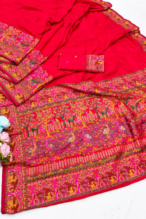 Load image into Gallery viewer, Woebegone Red Nylon Dola Pashmina Saree With Redolent Blouse Piece
