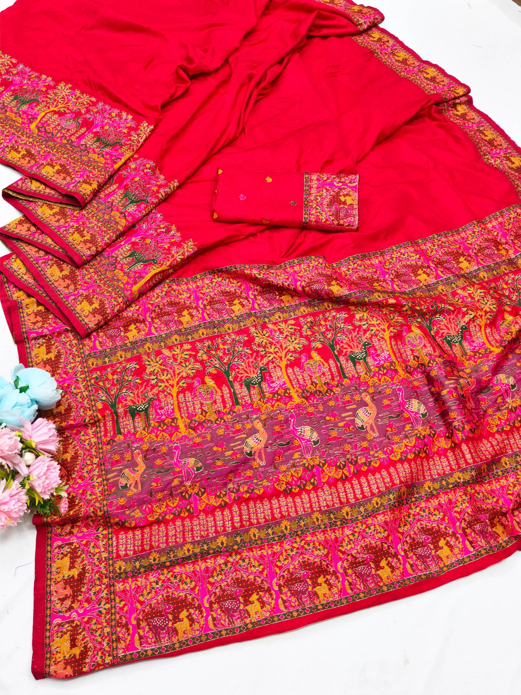 Woebegone Red Nylon Dola Pashmina Saree With Redolent Blouse Piece