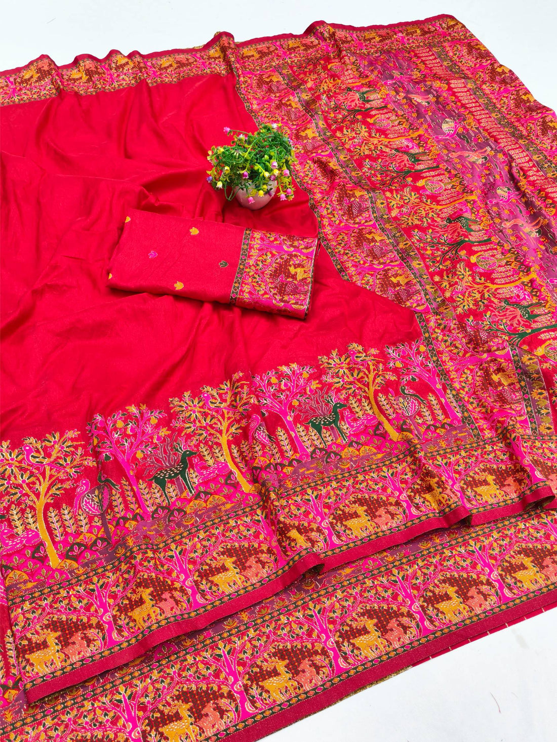 Woebegone Red Nylon Dola Pashmina Saree With Redolent Blouse Piece