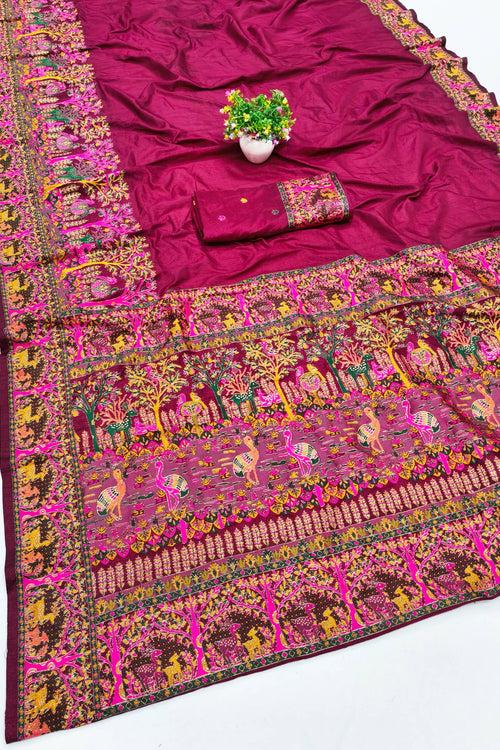 Load image into Gallery viewer, Prettiest Wine Nylon Dola Pashmina Saree With Glamorous Blouse Piece
