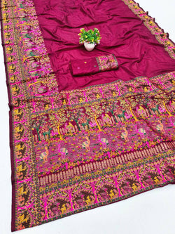 Prettiest Wine Nylon Dola Pashmina Saree With Glamorous Blouse Piece
