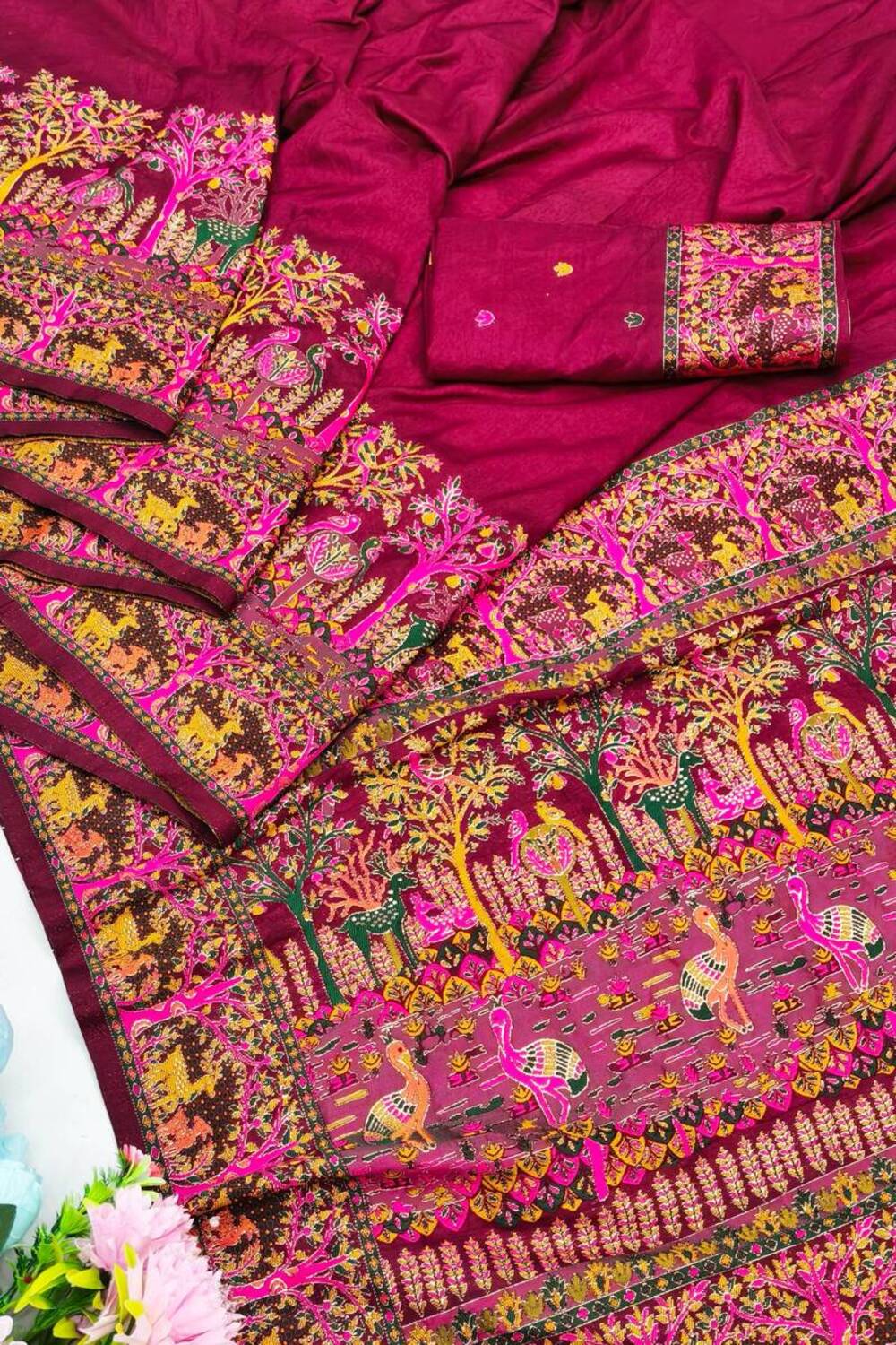 Prettiest Wine Nylon Dola Pashmina Saree With Glamorous Blouse Piece