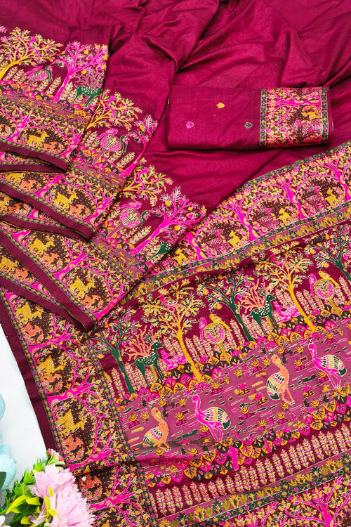 Load image into Gallery viewer, Prettiest Wine Nylon Dola Pashmina Saree With Glamorous Blouse Piece
