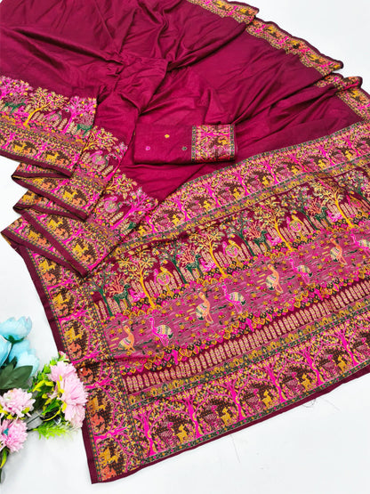 Prettiest Wine Nylon Dola Pashmina Saree With Glamorous Blouse Piece