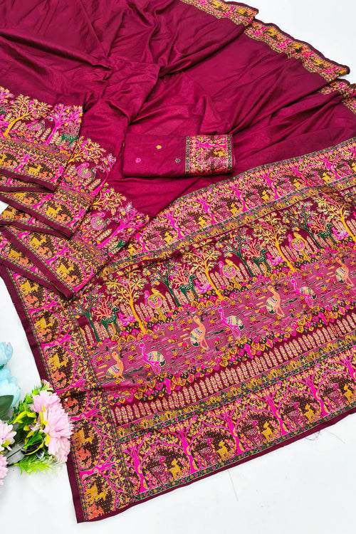 Load image into Gallery viewer, Prettiest Wine Nylon Dola Pashmina Saree With Glamorous Blouse Piece
