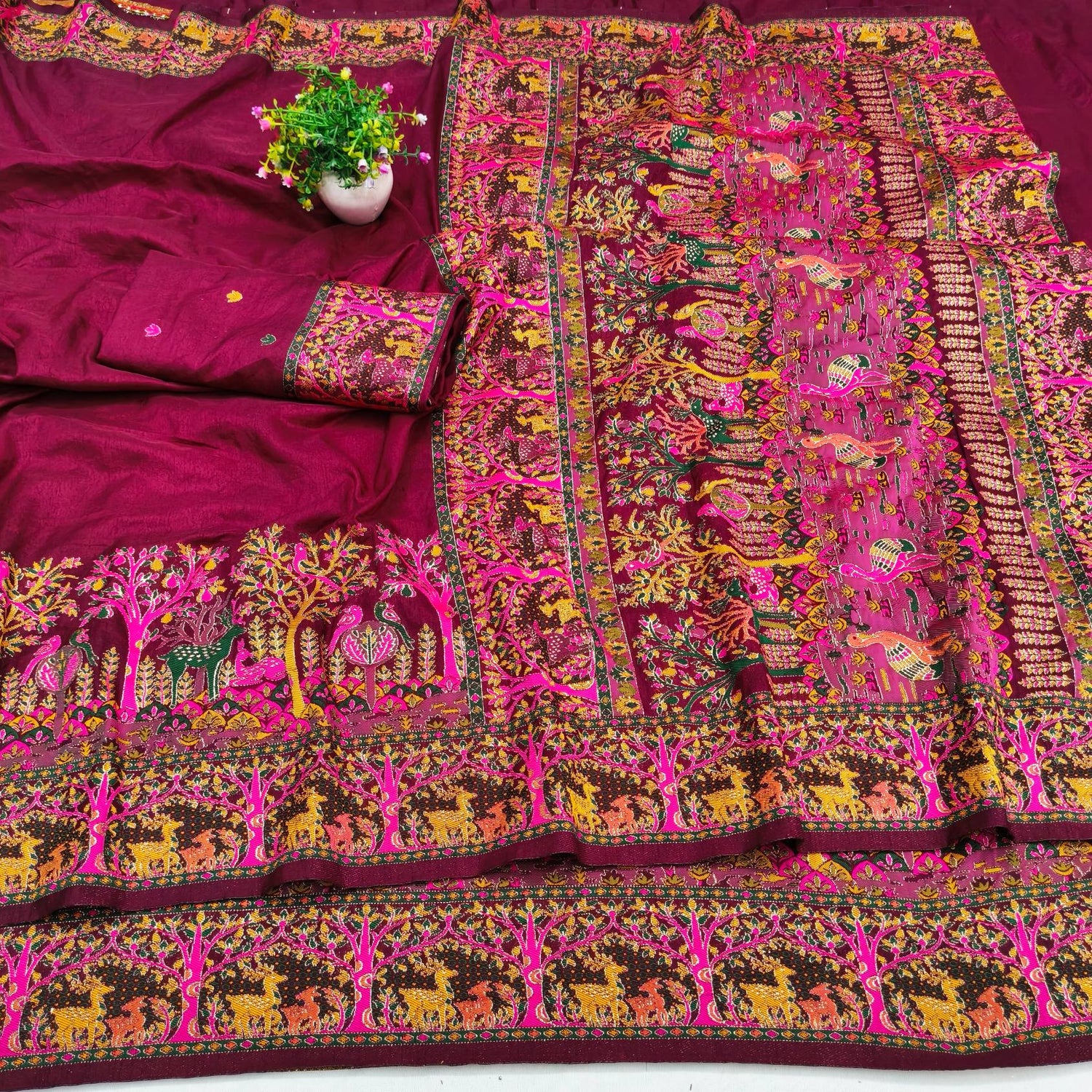 Prettiest Wine Nylon Dola Pashmina Saree With Glamorous Blouse Piece