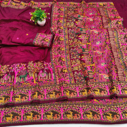 Prettiest Wine Nylon Dola Pashmina Saree With Glamorous Blouse Piece