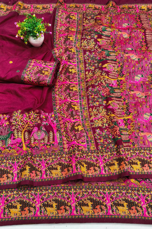 Load image into Gallery viewer, Prettiest Wine Nylon Dola Pashmina Saree With Glamorous Blouse Piece
