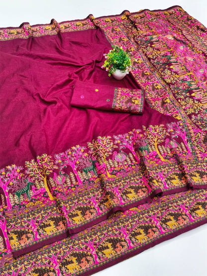 Prettiest Wine Nylon Dola Pashmina Saree With Glamorous Blouse Piece