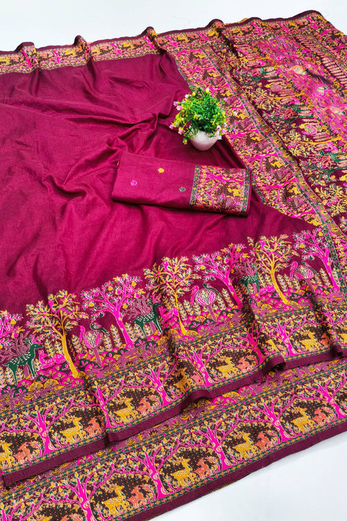 Load image into Gallery viewer, Prettiest Wine Nylon Dola Pashmina Saree With Glamorous Blouse Piece
