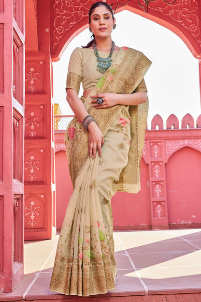 Invaluable Beige Cotton Silk Saree With Blooming Blouse Piece