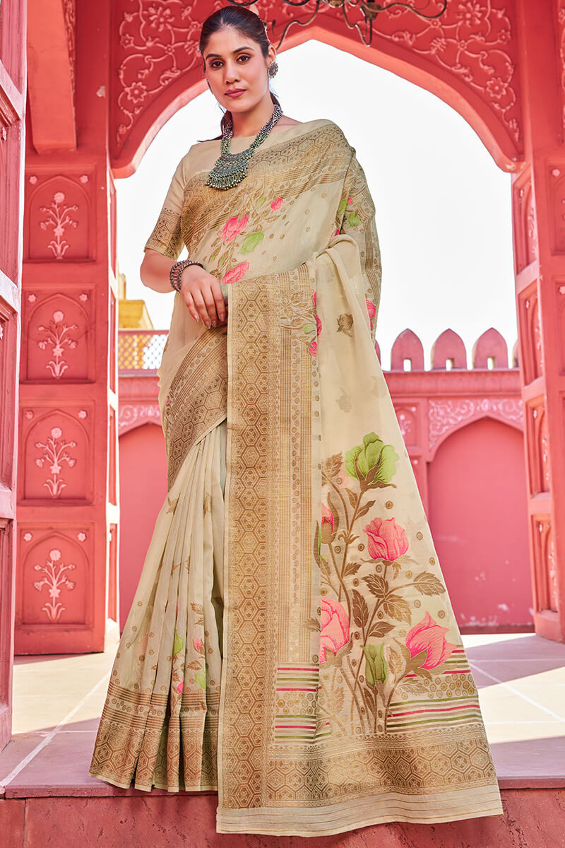 Invaluable Beige Cotton Silk Saree With Blooming Blouse Piece