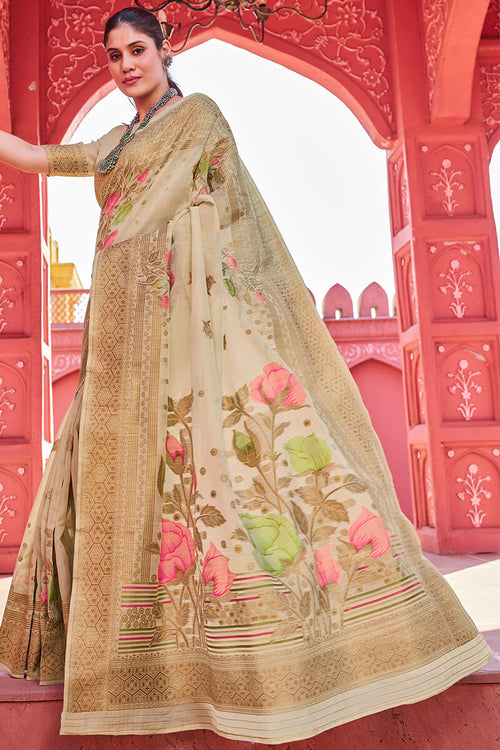 Load image into Gallery viewer, Invaluable Beige Cotton Silk Saree With Blooming Blouse Piece
