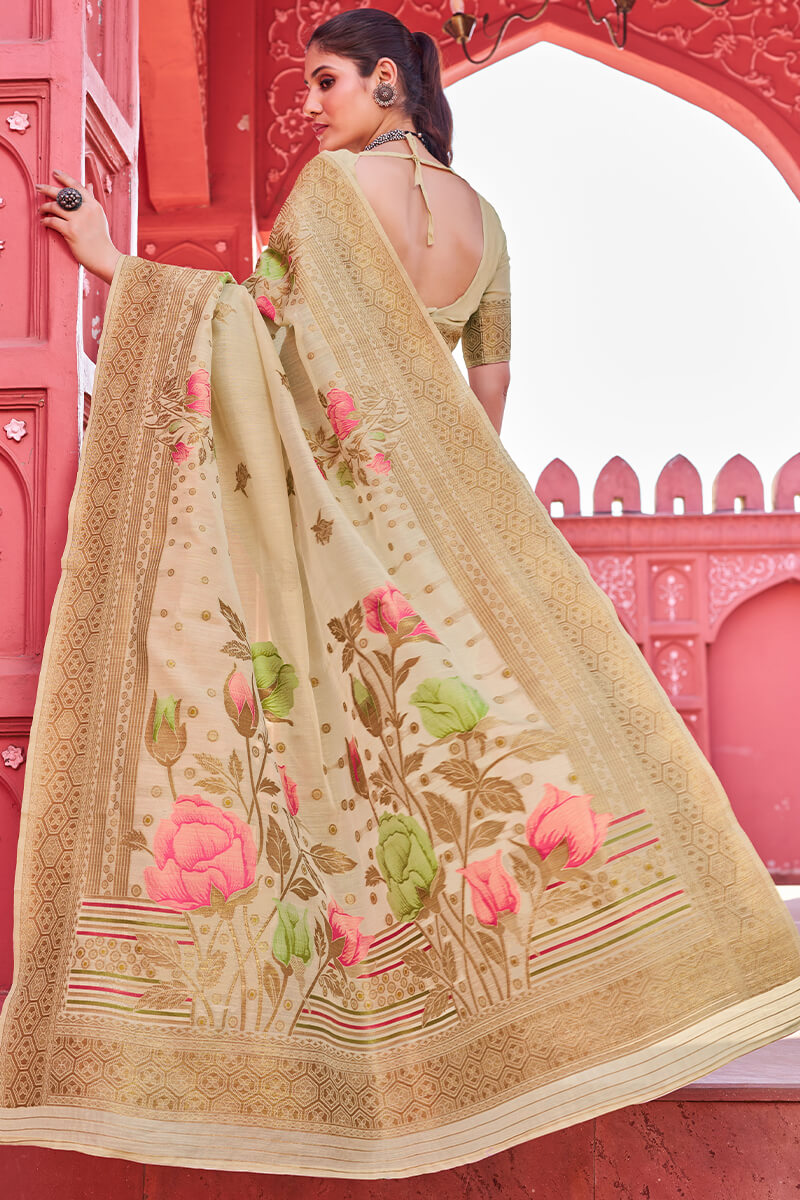 Invaluable Beige Cotton Silk Saree With Blooming Blouse Piece