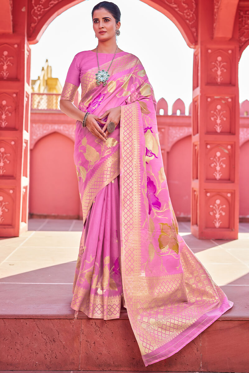 Comely Pink Cotton Silk Saree With Dalliance Blouse Piece