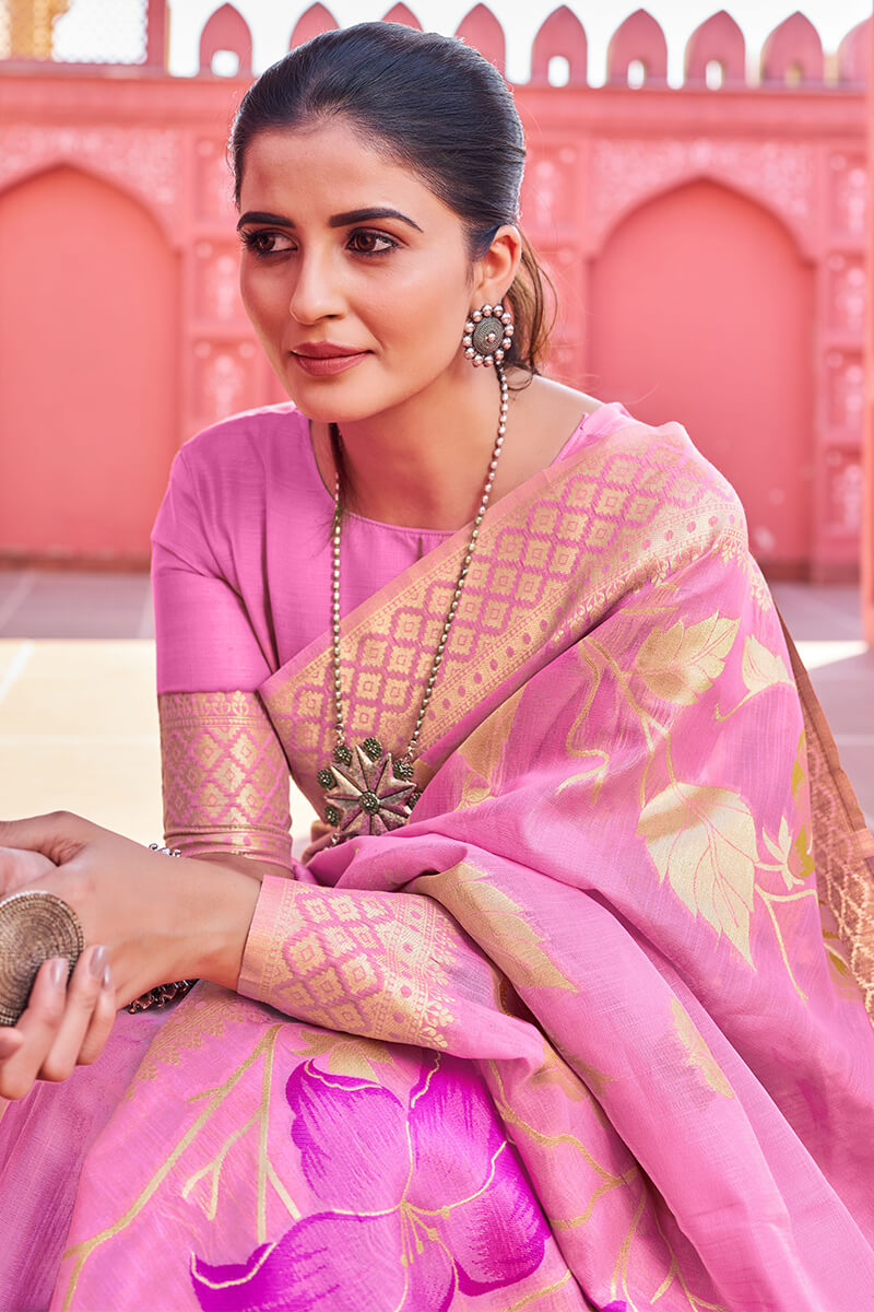 Comely Pink Cotton Silk Saree With Dalliance Blouse Piece