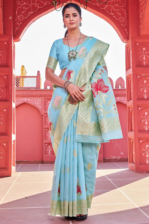 Load image into Gallery viewer, Lissome Sky Cotton Silk Saree With Serendipity Blouse Piece
