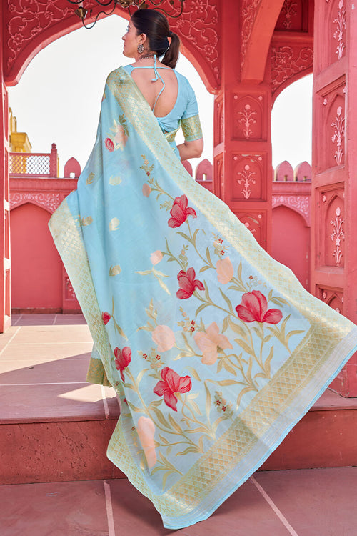 Load image into Gallery viewer, Lissome Sky Cotton Silk Saree With Serendipity Blouse Piece
