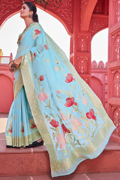 Load image into Gallery viewer, Lissome Sky Cotton Silk Saree With Serendipity Blouse Piece
