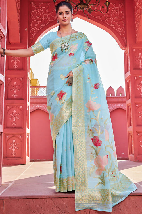 Load image into Gallery viewer, Lissome Sky Cotton Silk Saree With Serendipity Blouse Piece
