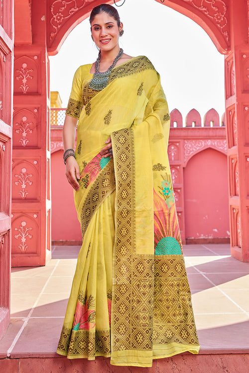 Load image into Gallery viewer, Splendiferous Yellow Cotton Silk Saree With Luxuriant Blouse Piece
