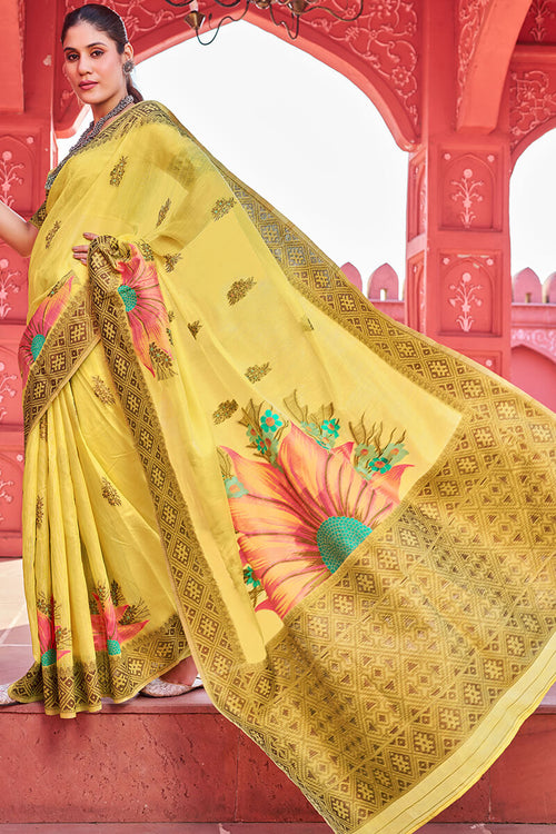 Load image into Gallery viewer, Splendiferous Yellow Cotton Silk Saree With Luxuriant Blouse Piece
