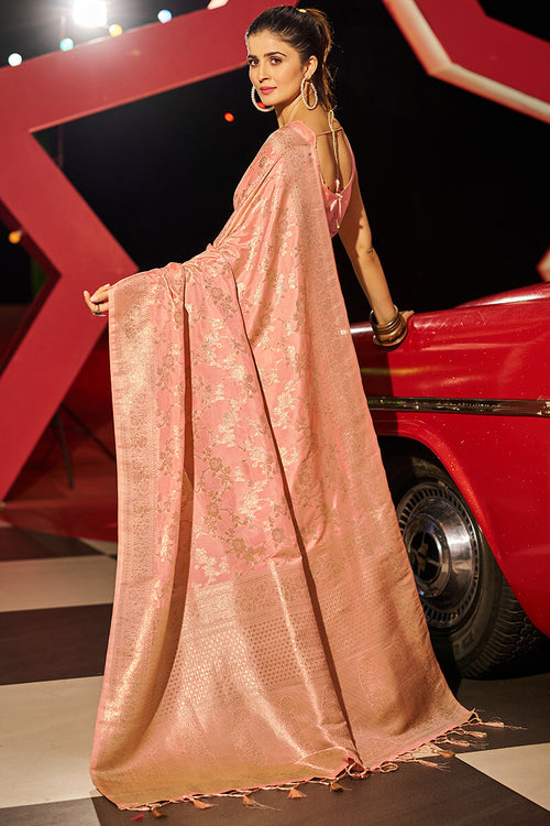 Load image into Gallery viewer, Skinny Peach Soft Banarasi Silk Saree With Sophisticated Blouse Piece
