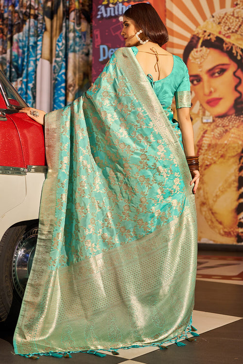 Load image into Gallery viewer, Outstanding Sea Green Soft Banarasi Silk Saree With Surpassing Blouse Piece
