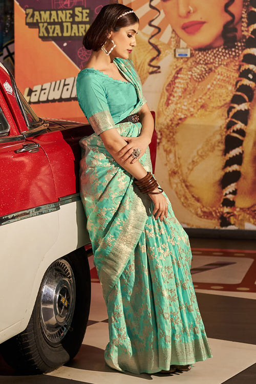 Load image into Gallery viewer, Outstanding Sea Green Soft Banarasi Silk Saree With Surpassing Blouse Piece
